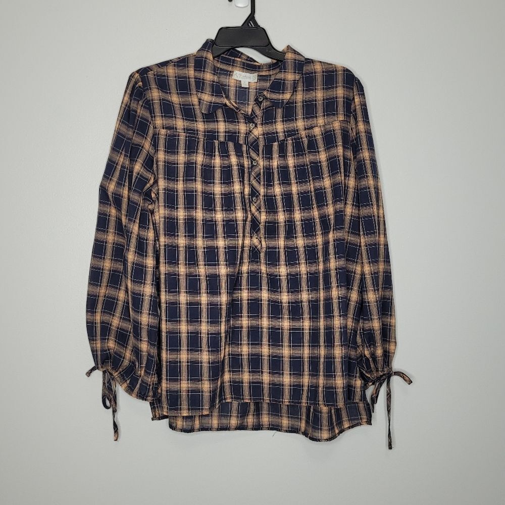 Suzanne Betro dark plaid tie cuff plus size pullover fall moody top size 3x